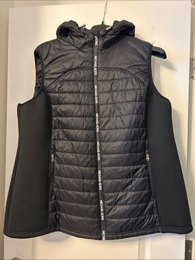 Michael Kors Black Quilted Hooded Sleeveless Scuba Puffer Vest with Branded Zip